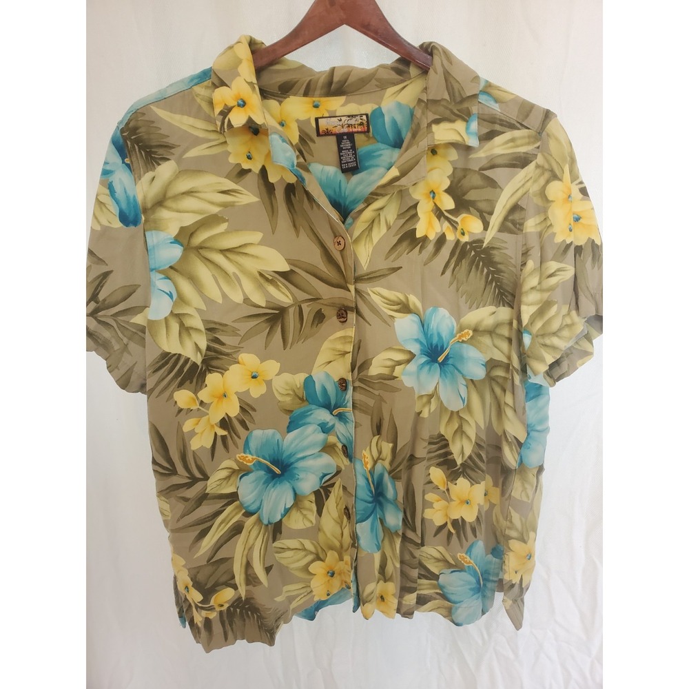 Havana Jacks Cafe Woman Tropical Hibiscus Floral Rayon Shirt Khaki Blue 1X